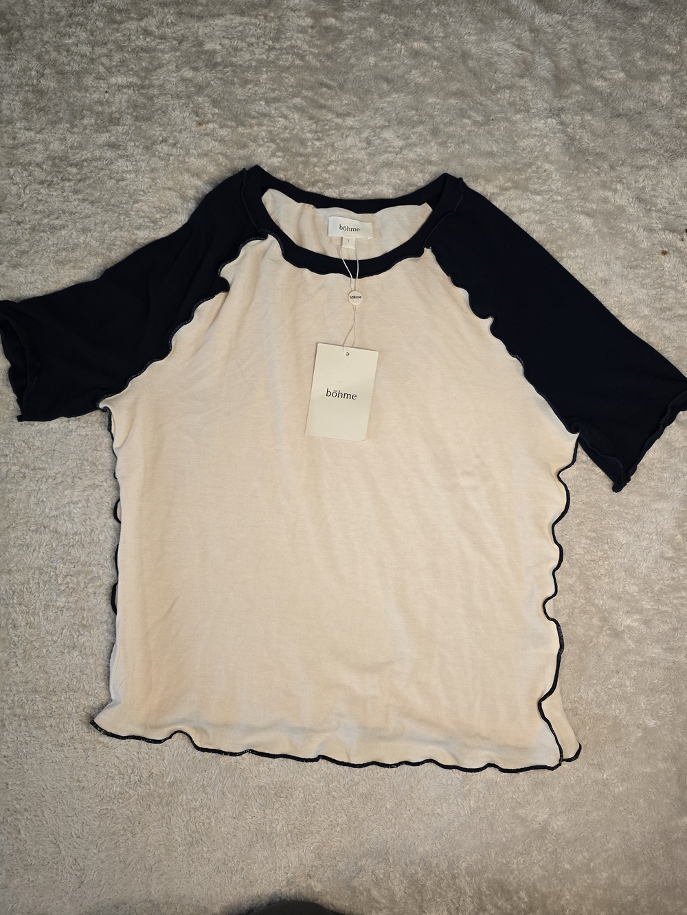 Böhme Navy Cream Contrast Stich Lettuce Trim Baseball Tee L NWT